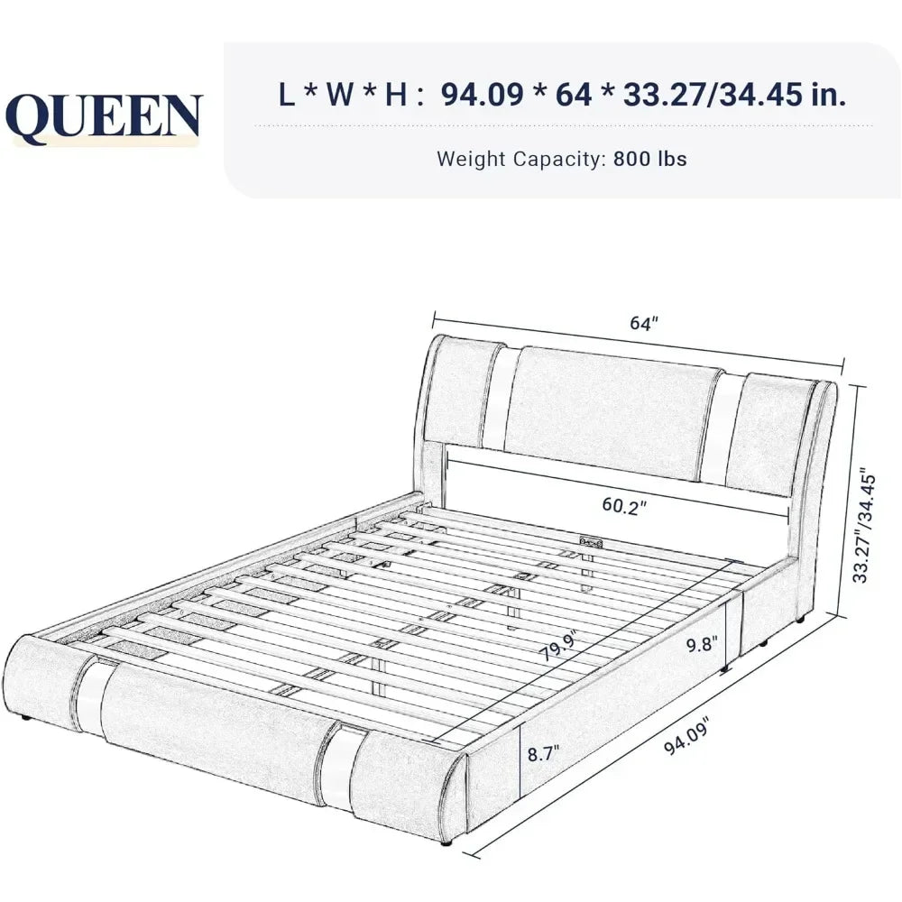 Bed Frame with Iron Plate Upholstery with Adjustable Headboard and Sturdy Wooden Slats , Leatherette Upholstered Platform Bed