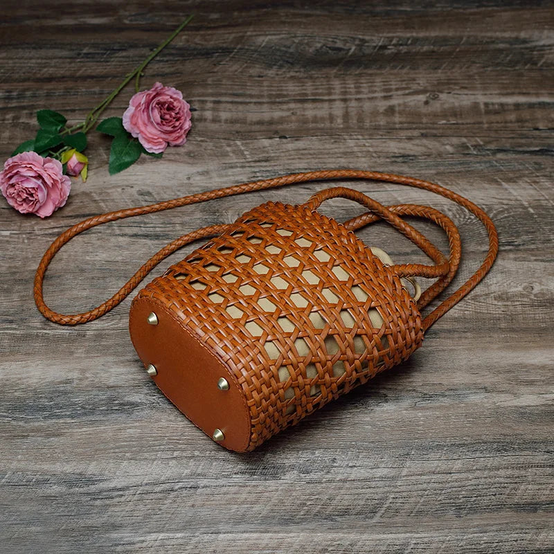 Hand Woven Cow Leather Handbags Women's Designer Luxury Messenger Bag Summer Evening Mini Beach Bag Ladies Shoulder Basket Bags