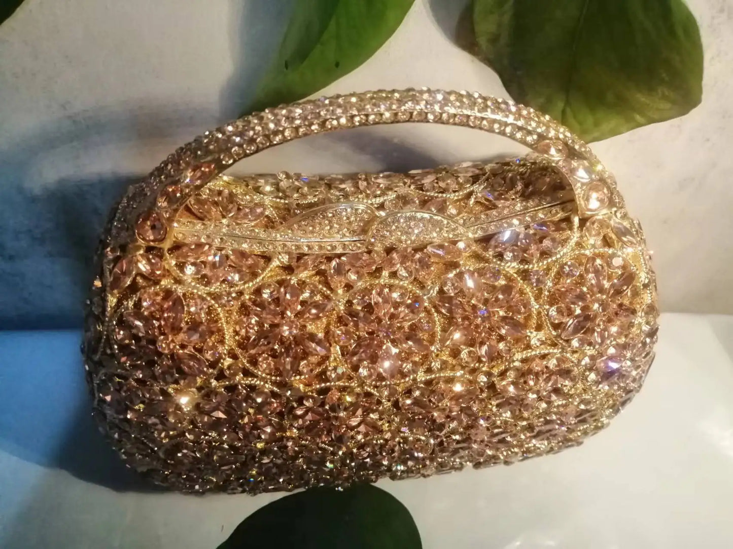 XIYUAN Women Rhinestones Top Handle Handbags Stones Evening bag Minaudiere Wedding Clutch Bridal Tote Ladies Metal Chain Handbag