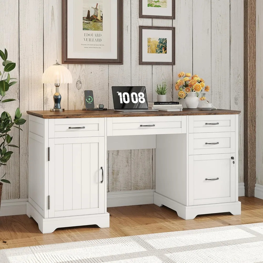 Executive Desk with Drawers, 55'' Farmhouse Desk Wooden, Home Office Computer Desk with File Cabinet and Charging Station, White