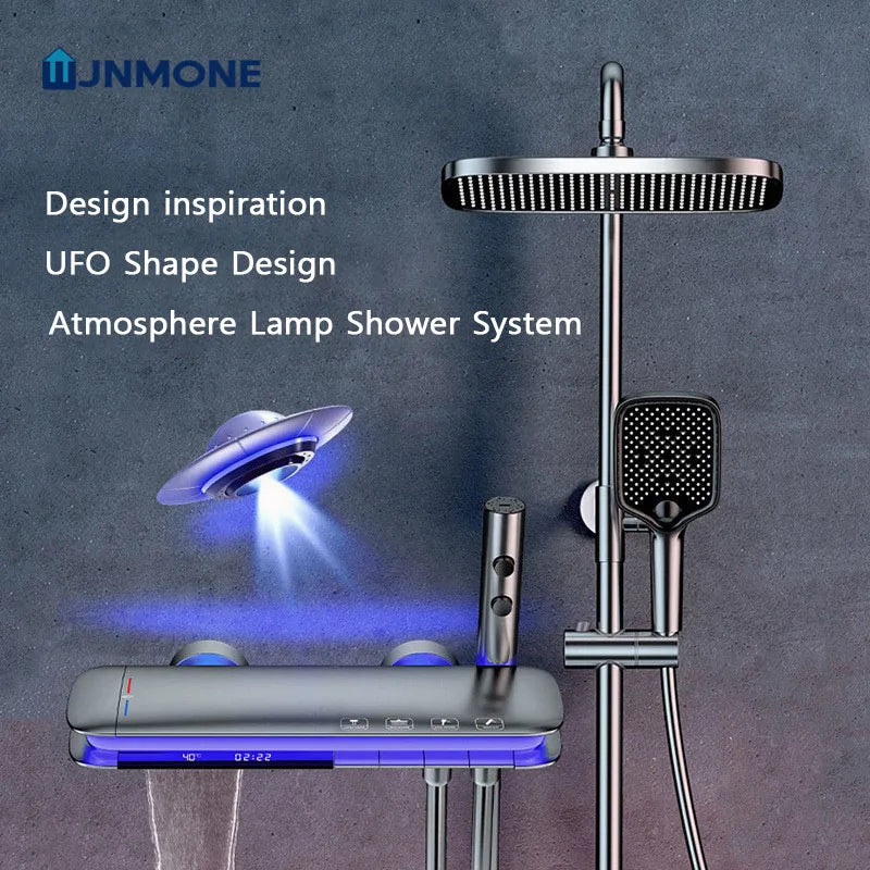 Luxury Villa Bathroom Shower System Ambient Light Shower Set Brass Bathtub Thermostatic Shower Faucet Matte Grey Rain Shower Set