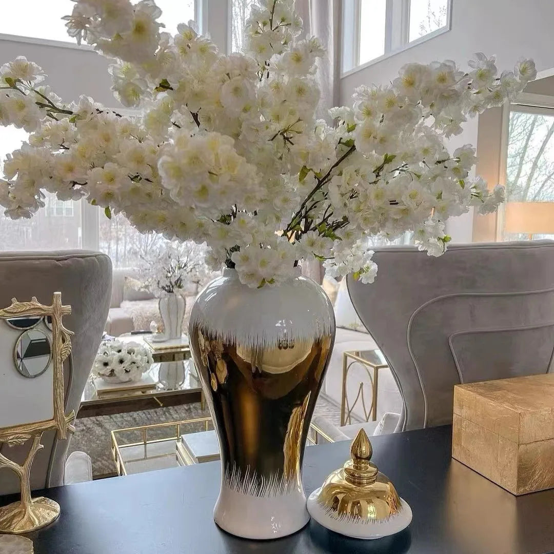 Porcelain Large White Retro Vase Light Luxury Gold Hydroponic Home Living Room Decoration Creative Flower Arrangement Pieces