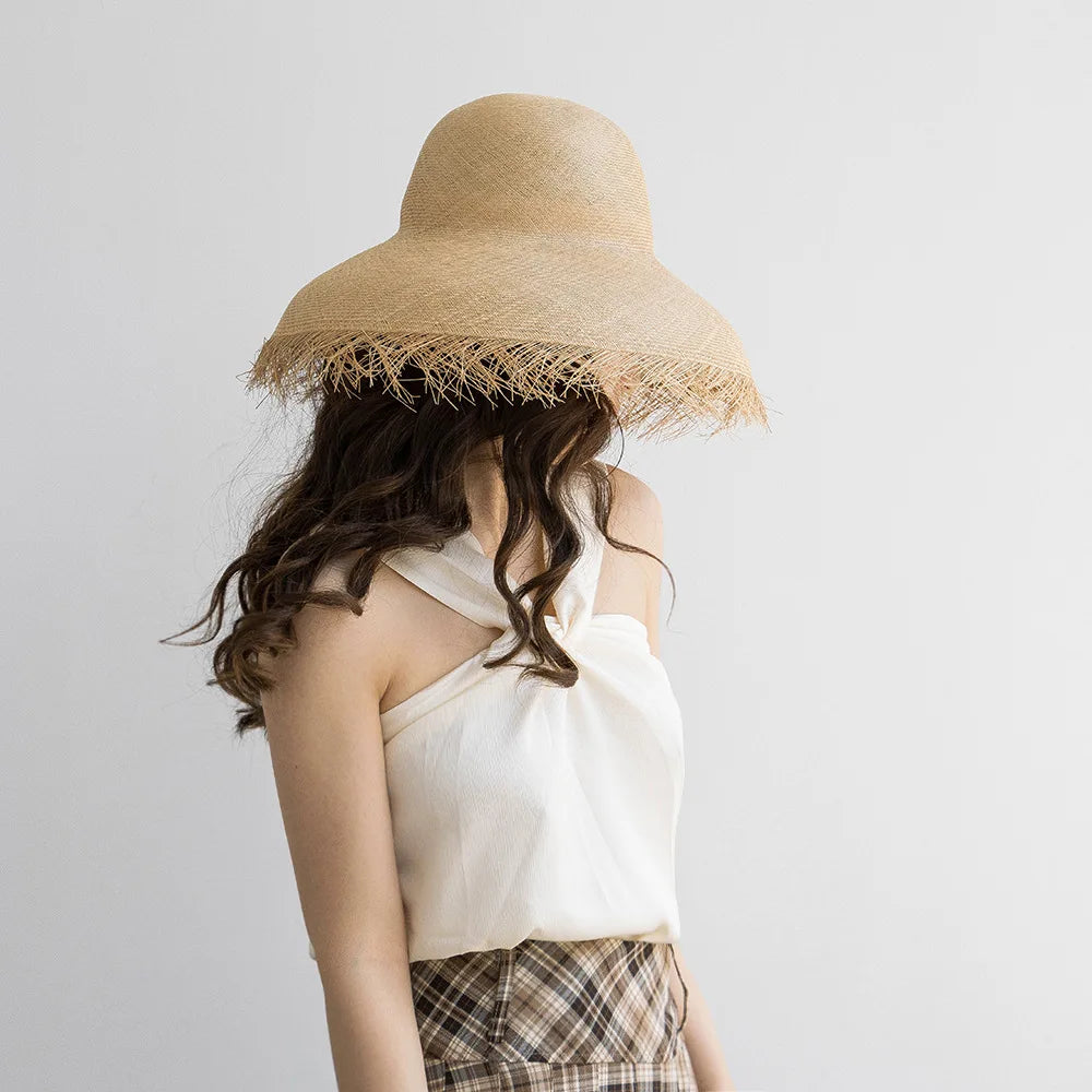 Fashion retro hand woven Buntal Fibre Hat Party domed large brim women summer straw hat luxury outdoor sun straw hat