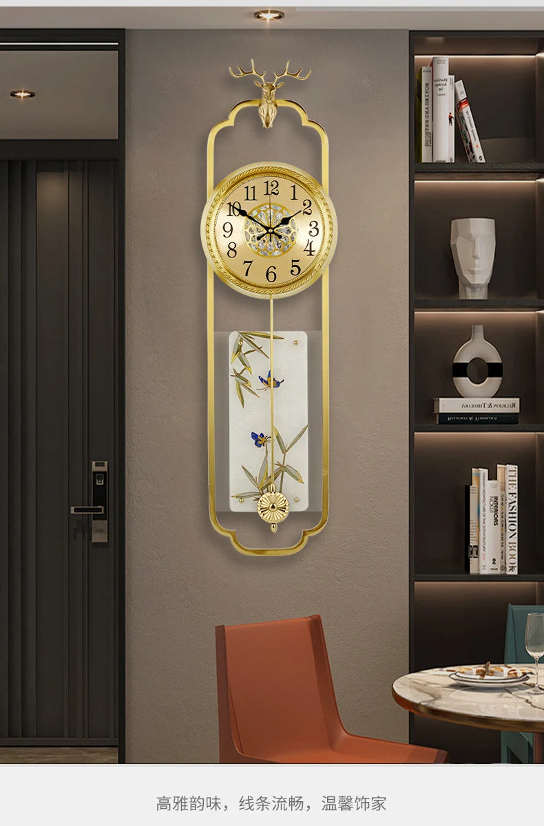 Wall clock, Chinese style light luxury pure brass living room wall clock, European retro creative art, atmospheric pendulum