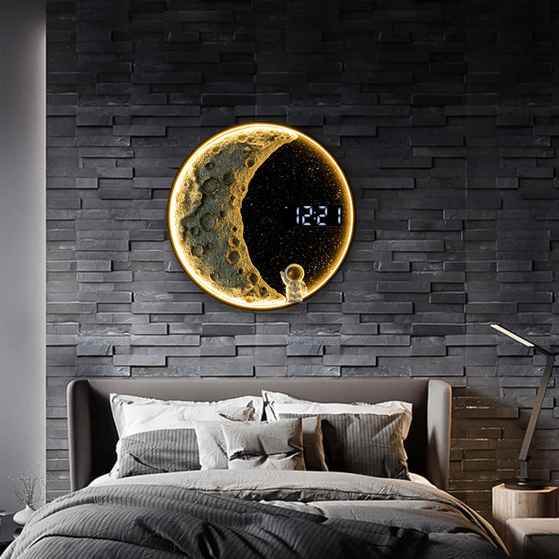 Modern Astronaut Moon Clock Wall Lamps Creative Bedroom Lights Living Room Decoration Space Man Light