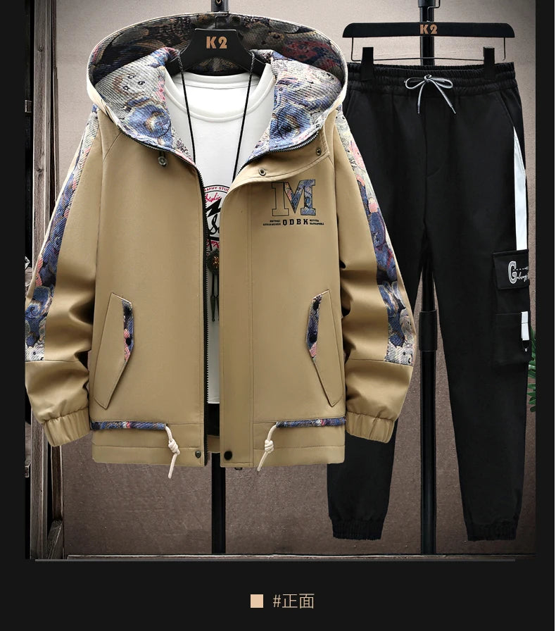 Spring Autumn Men Tracksuit Casual Joggers Hooded Sportswear Jackets Pants 2 Piece Sets Hip Hop Print Sports Suit