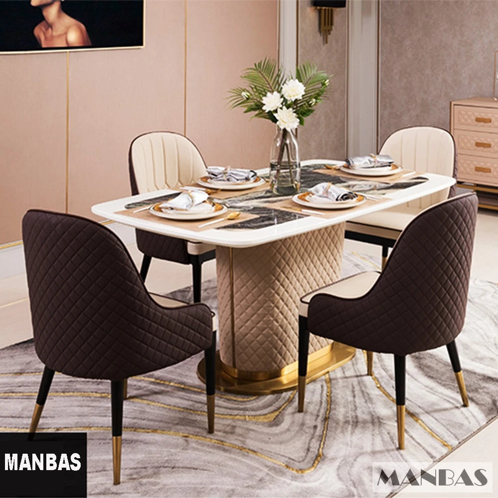 MINGDIBAO Dining Room Set: Genuine Leather Chairs & Rectangle Marble Table with Stainless Steel and Leather