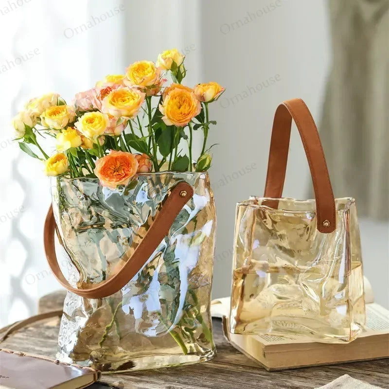 Creative Light Luxury Transparent Glass Vase Handheld Basket Bag Decoration Living Room Aquaculture Vases Garten Zubehör