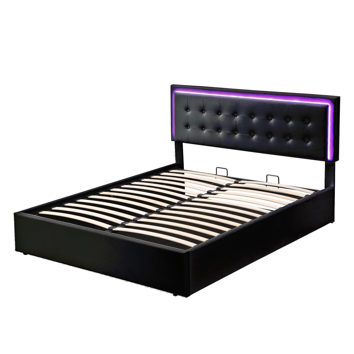 Queen Size Tufted Upholstered Platform Bed with Hydraulic Storage System, LED Lights, Black  82.70x66.50x45.30 in.