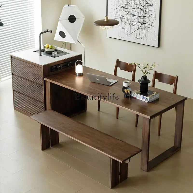 Nordic Black Walnut Kitchen Island Dining Table Integrated with Embedded Sink All Solid Wood Dining Room Furniture