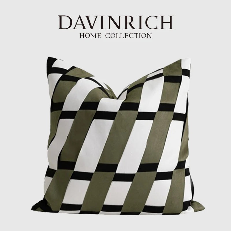 DAVINRICH Contemporary Flair Luxury Decorative Cushion Cover Olive Green White Black Geometrics Patchwork Pillow Case 45x45cm