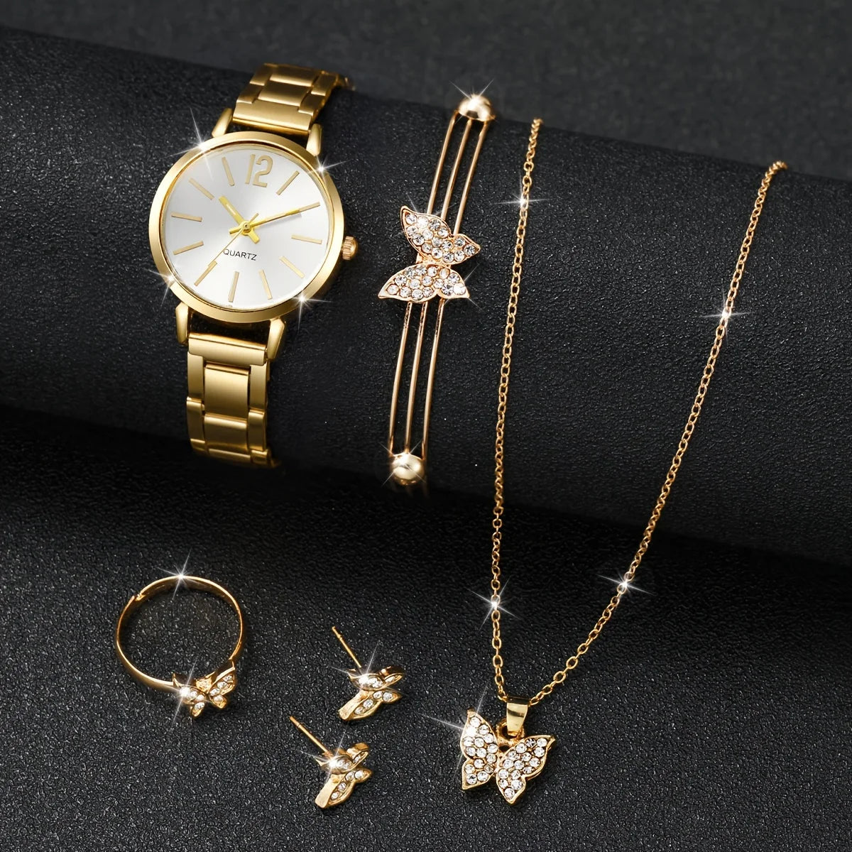 6pcs/set Business Fashion Quartz Watch Golden Steel Band Wrist Watch & Butterfly Rhinestone Jewelry Set, Gifts For Women Her