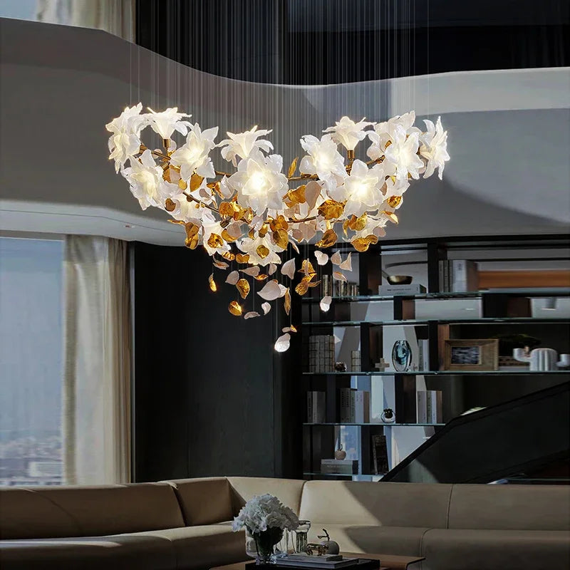 Designer Luxury Loft Chandelier Light Stairscase Living Room Nordic Villa Hotel LED Flower Crystal Copper Hanging Chandelier