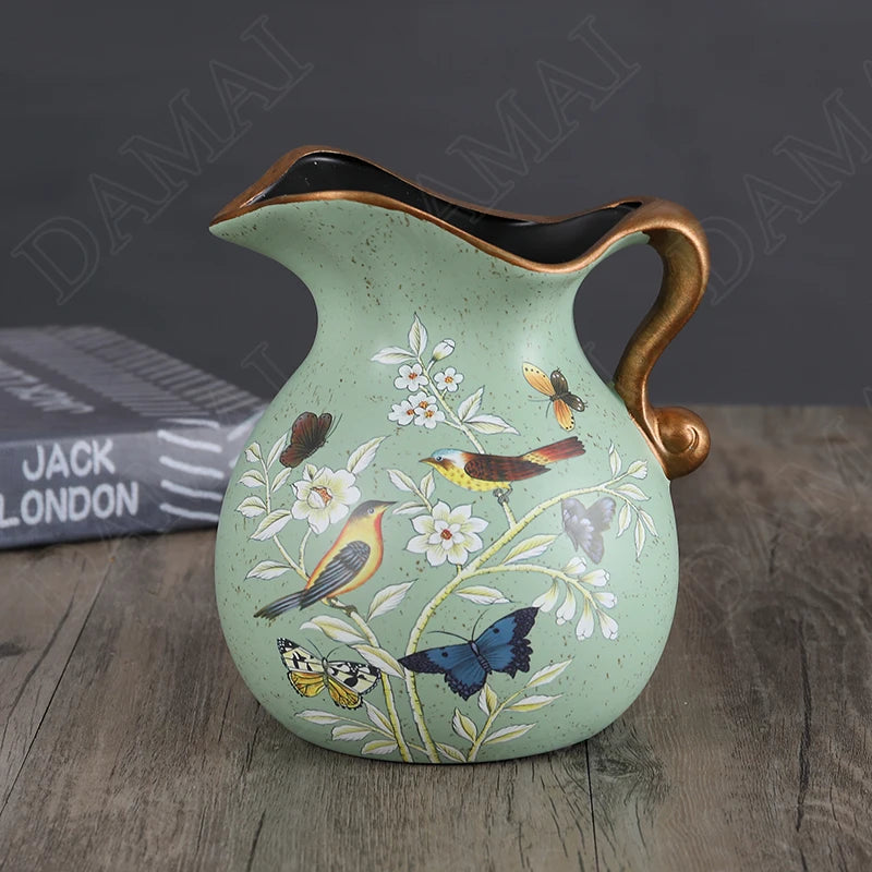 European Ceramic Vase Hand Painted Little Bird Peony Living Room Dried Flowers Organizer Home Desktop Small Teapot Flower Vases