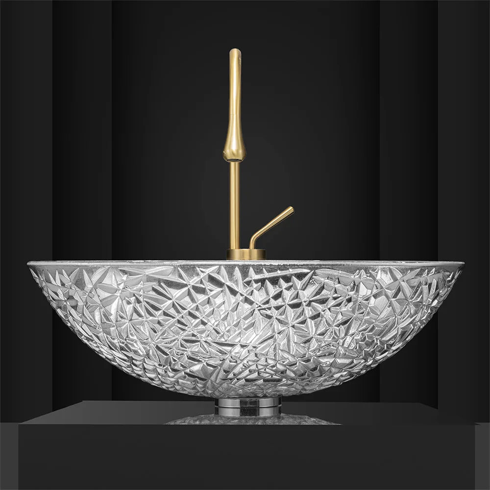 Electroplated Gold Crystal Glass Sink Home Balcony Vessel Basin Oval Countertop Bathroom Washbasin With Swan Faucet 50*35*15cm