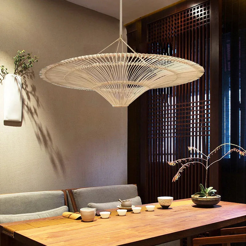 Japanese Rattan Pendant Light Wabi Sabi Wicker Chandelier For Living Room Restaurant Shop Decor Handmade Straw Hat Chandelier