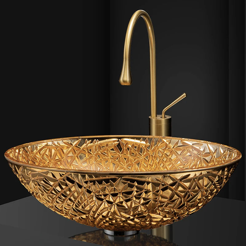 Electroplated Gold Crystal Glass Sink Home Balcony Vessel Basin Oval Countertop Bathroom Washbasin With Swan Faucet 50*35*15cm