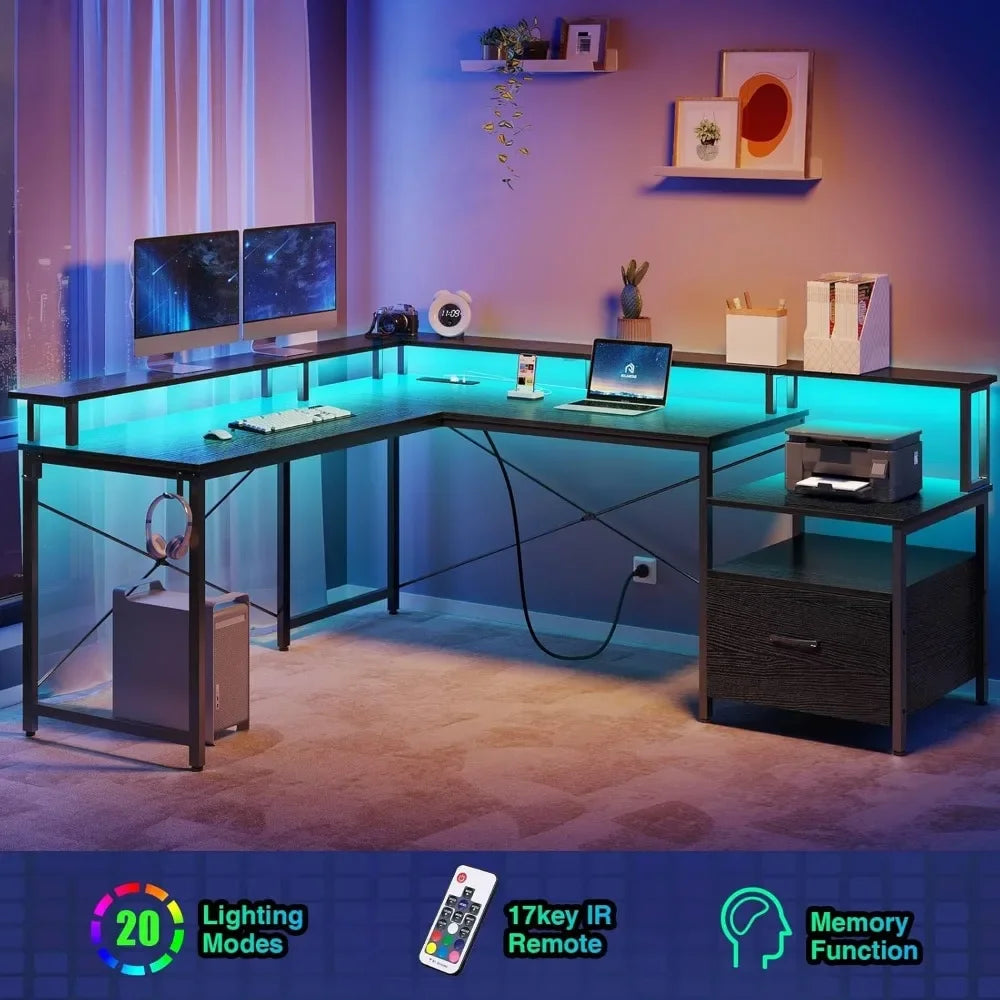 Computer Desk with File Drawer, 68" L Shaped Computer Corner Desk with Power Outlet & LED Strip, Home Office Desk with Monitor