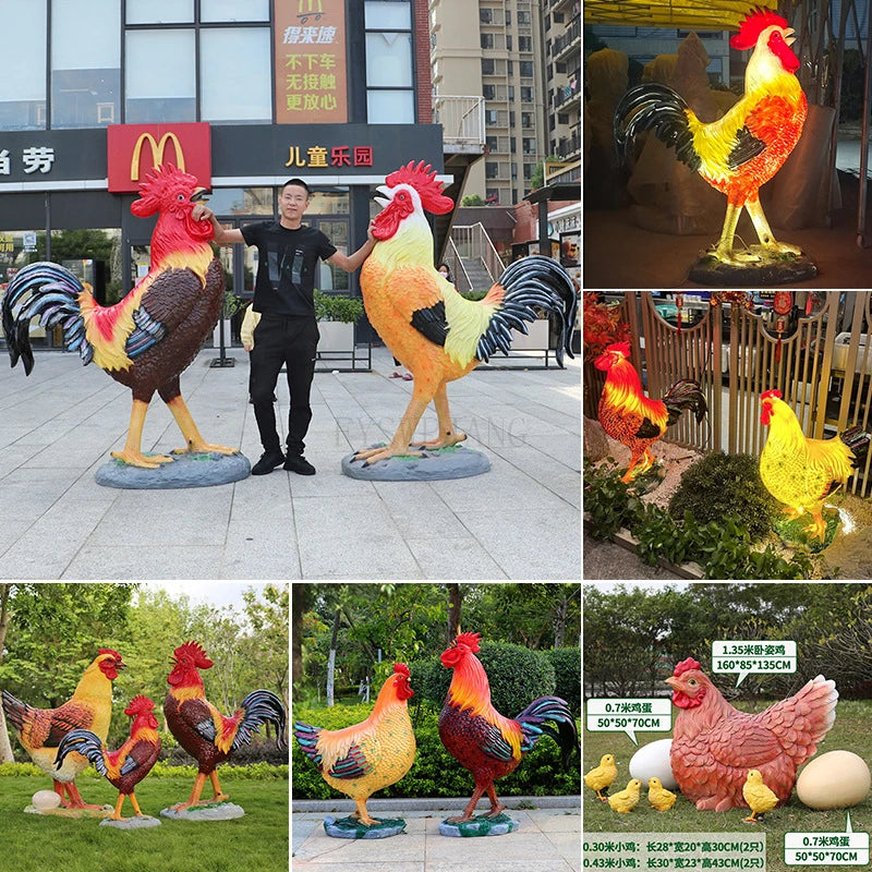 Fiberglass Rooster Sculpture Outdoor Garden Fortune Decoration Luminous Chicken Model Simulation Big Rooster Ornaments