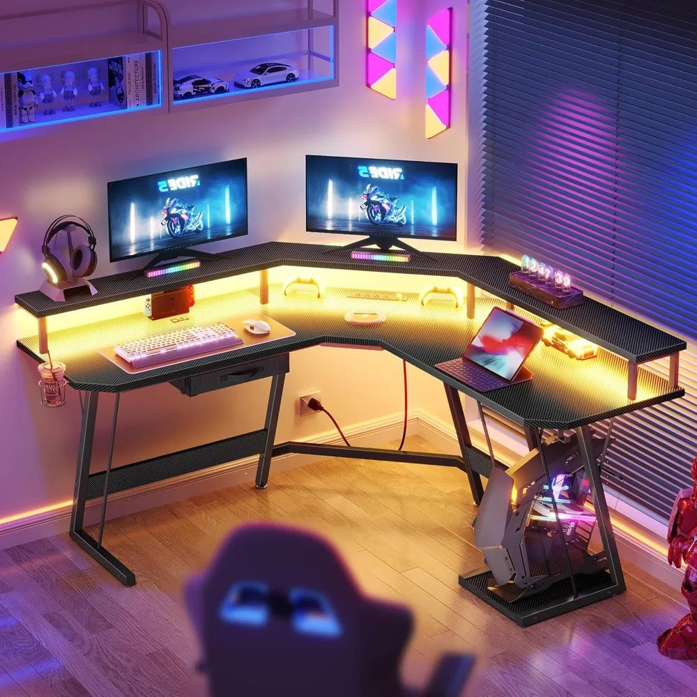 L Shaped Gaming Desk, LED Lights & Power Outlets, Computer Desk with Drawer & Monitor Stand & Carbon Fiber Surface, Corner Desk