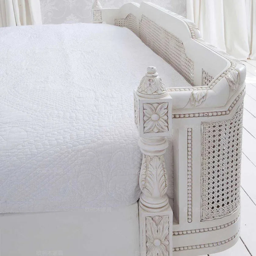 Antique white rattan bed bedroom furniture retro solid wood double bed