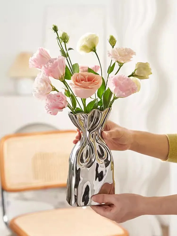 Premium Feeling Simple Silver Plated Ceramic Vase Living Room Table Creative Flower Arrangement Flower Holder