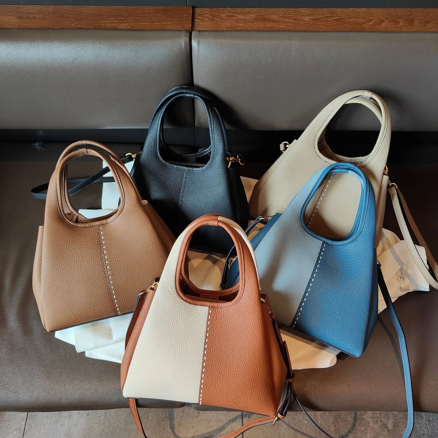 Luxury High Quality Genuine Leaher Bucket Bags 2024 New Fashion Versatile TOGO Cowhide Soft Leather Color Block Ladies Bags