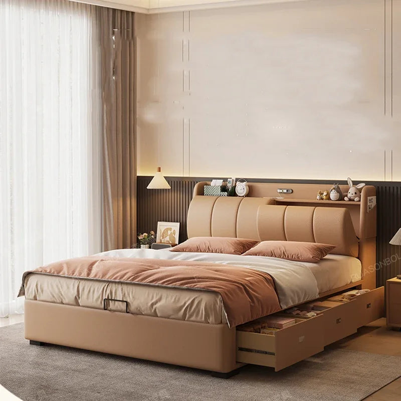 Storage Wedding Double Bed Luxury Modern Orange Simple Double Bed Soft High Camas Moderrnas Inteligentes Bedroom Furniture