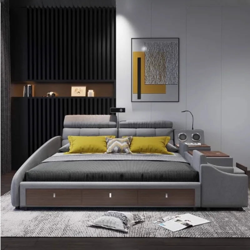 King Size Headboard Multifunctional Bed Wooden Pretty Luxury Frame Double Bed Storage Modern Cama Matrimonial Bedroom Furniture