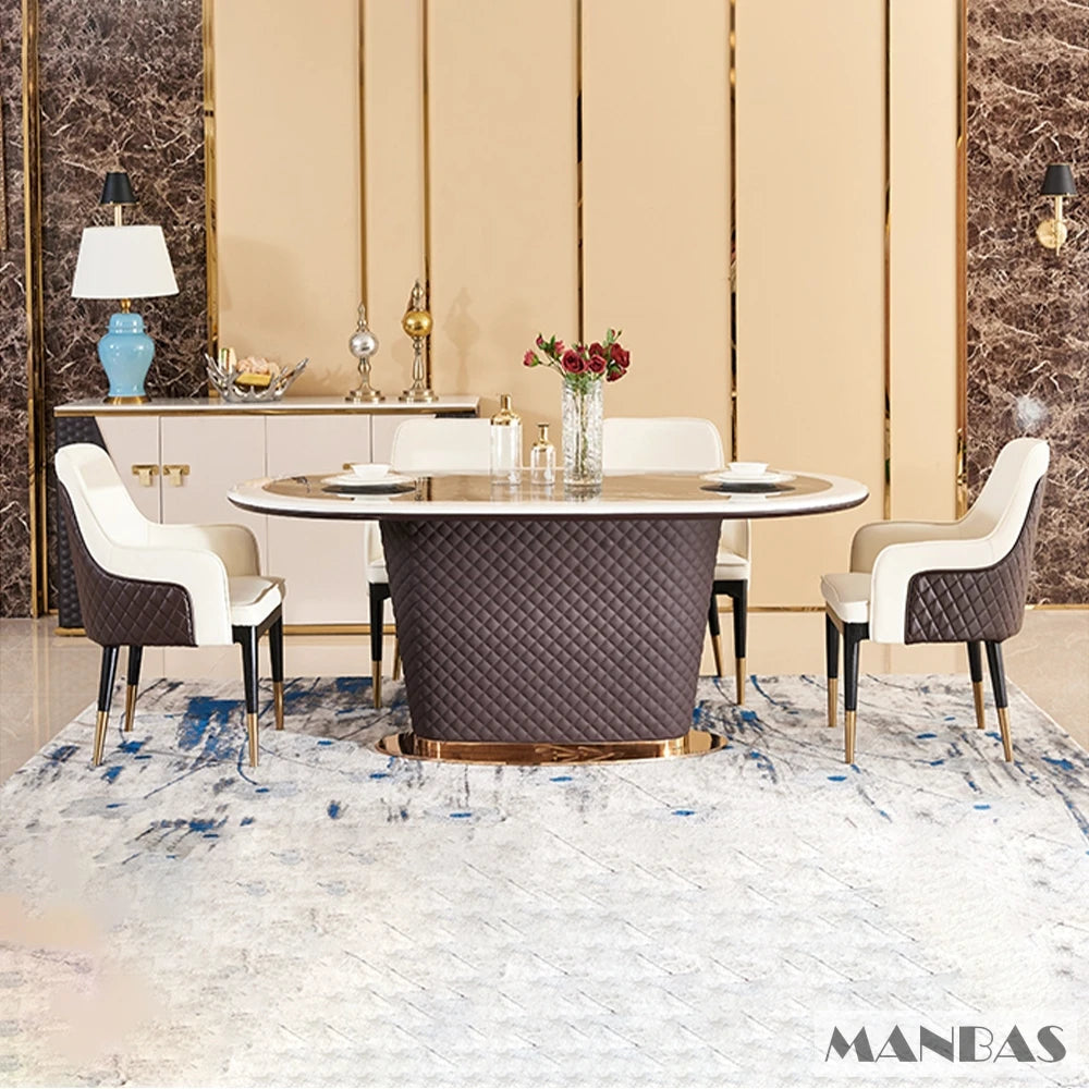 MINGDIBAO Dining Room Set: Genuine Leather Chairs & Rectangle Marble Table with Stainless Steel and Leather