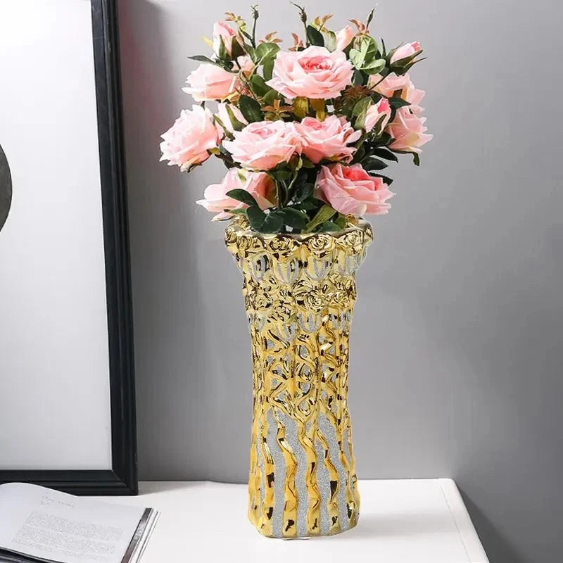 30CM Luxury Europe Gold Ceramic Vase Home Decor Creative Design Porcelain Decorative Flower Vase For Wedding Decoration