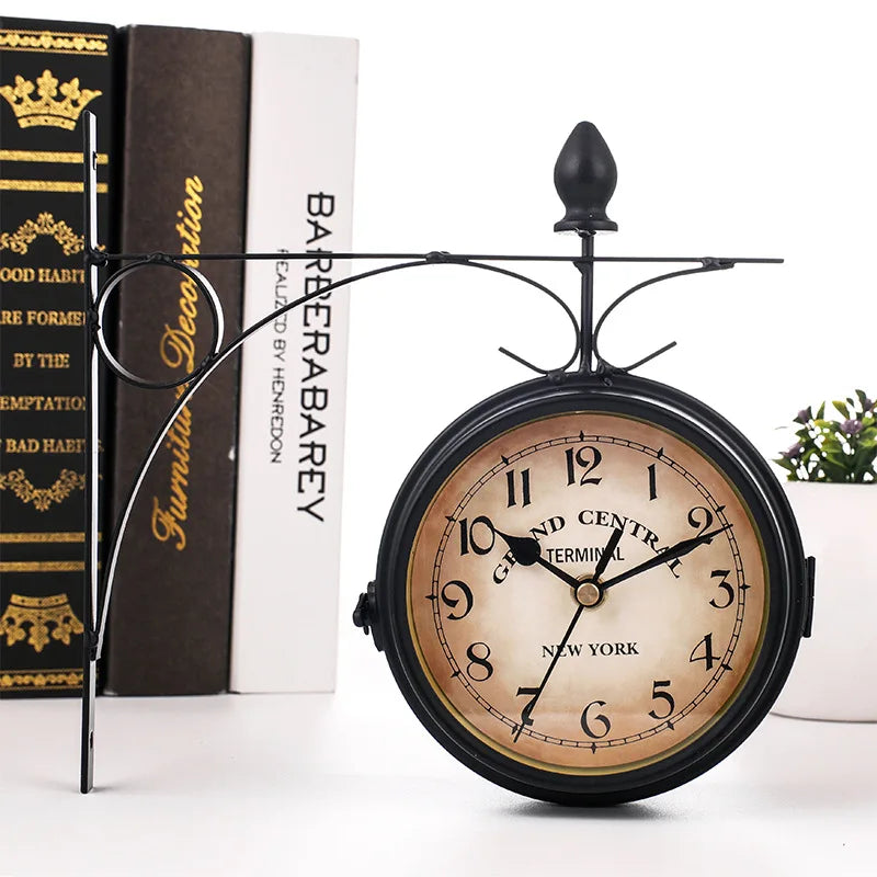 Vintage Wall Clock Living Room Silent Clock Double Sided Minimalist Antique Wall Clock Gifts Home Office Wall Hanging Art Deco