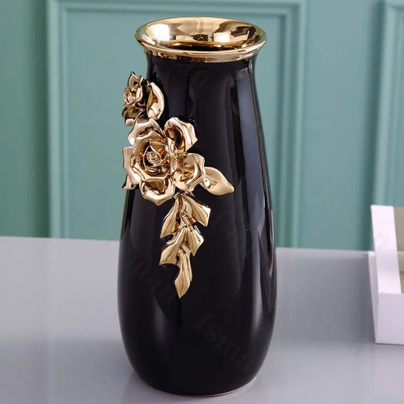 Nordic Gold Flower Relief Ceramic Vase Ornaments Light Luxury Ikebana Dried Flower Vases Modern Decor Living Room Decoration