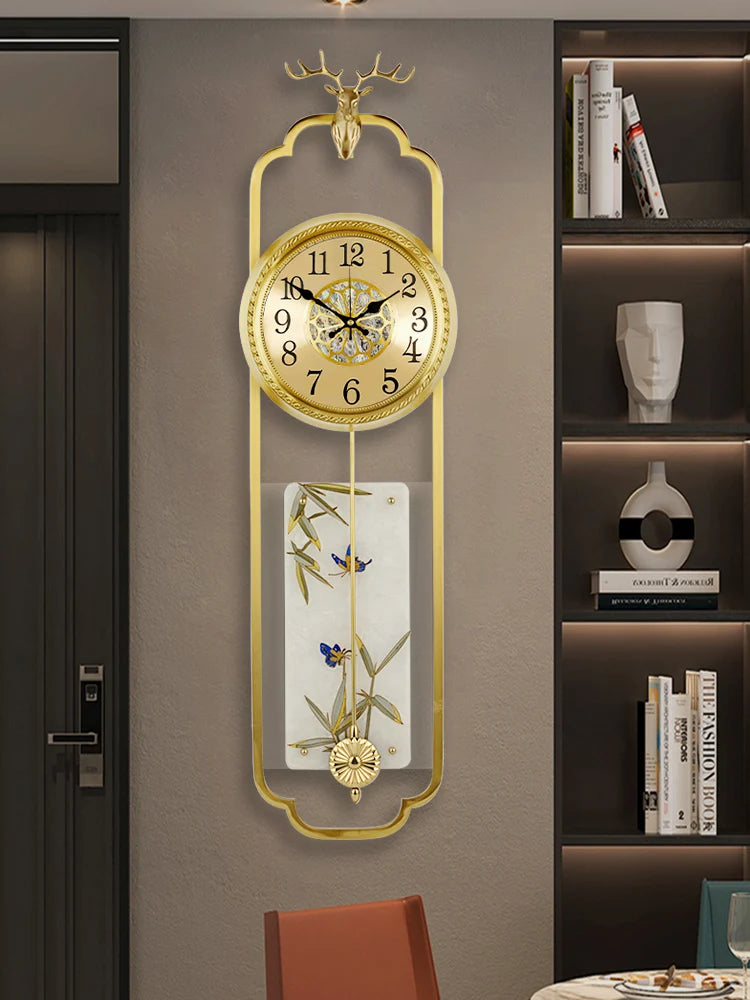 Wall clock, Chinese style light luxury pure brass living room wall clock, European retro creative art, atmospheric pendulum