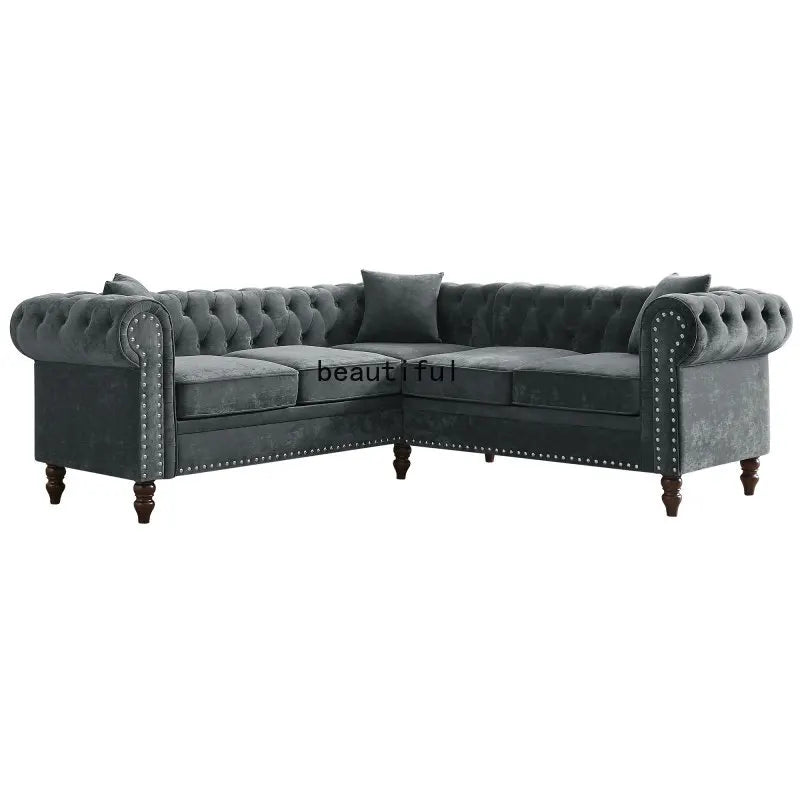 Tufted Upholstered Roll Arm Luxury Classic Chesterfield L-shaped Sofa 3 Pillows Included, Solid Wood Gourd Legs