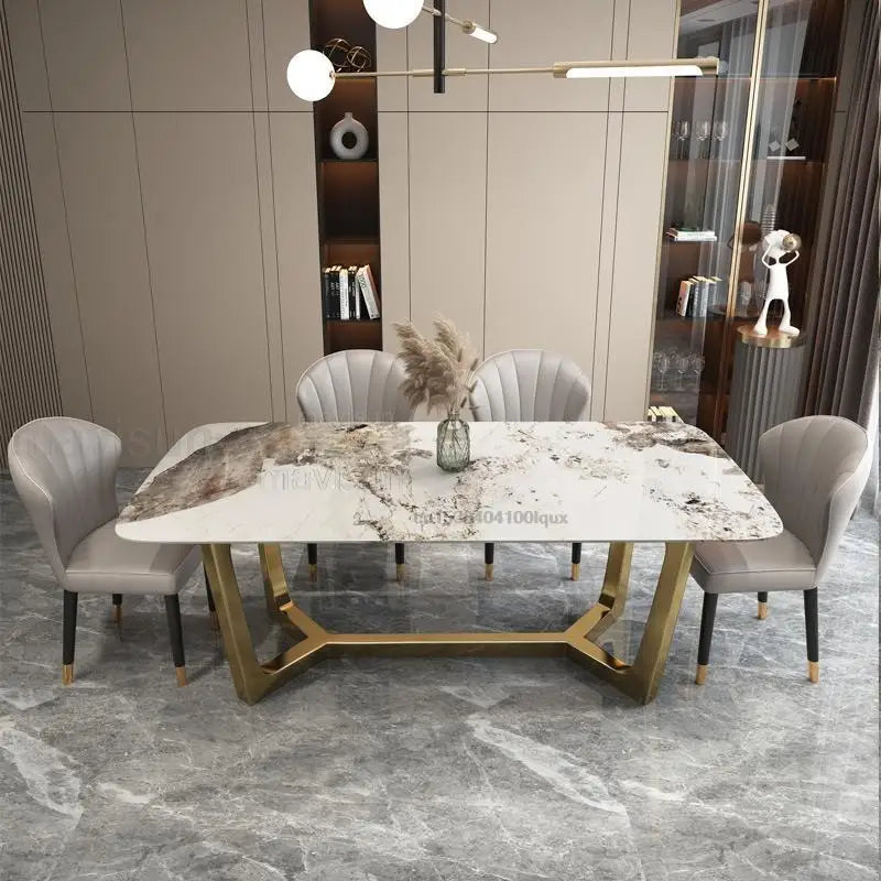 Italian Style Stainless Steel Marble Top Wedding Dinning Tables Sets Luxury Dining Chairs Rectangular Table For Small Apartment