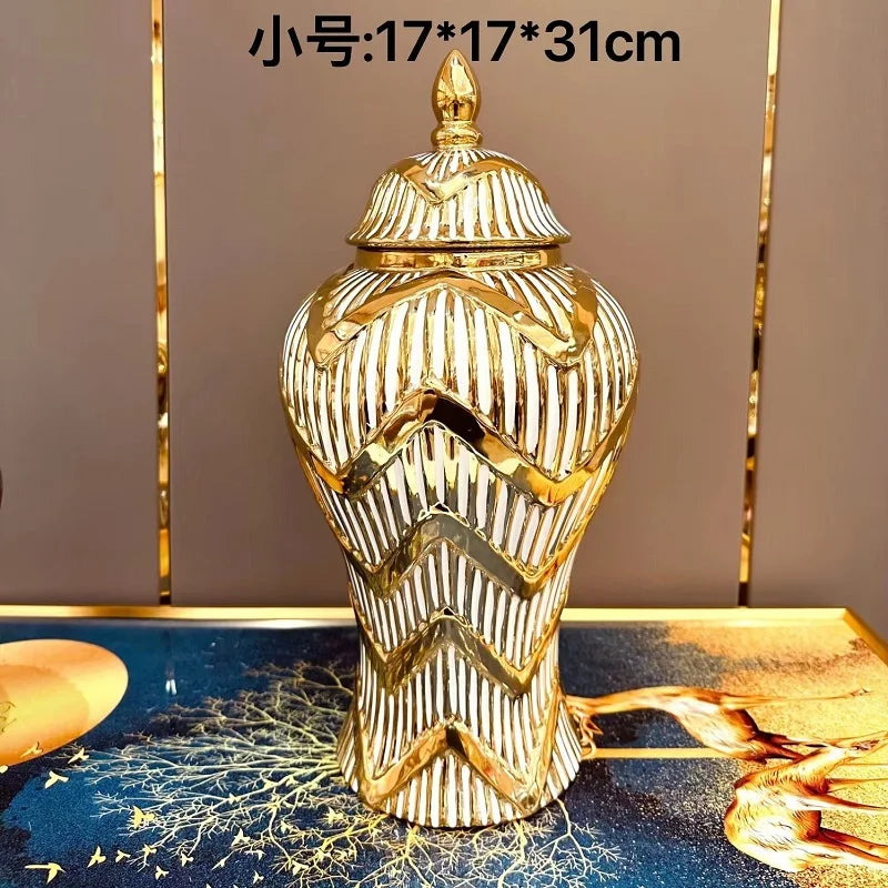 Luxury Electroplated Gold Plaid Ceramic General Jar Artwork Storage Jar Hotel Display Vase Home Decoration Dry Flower Vase