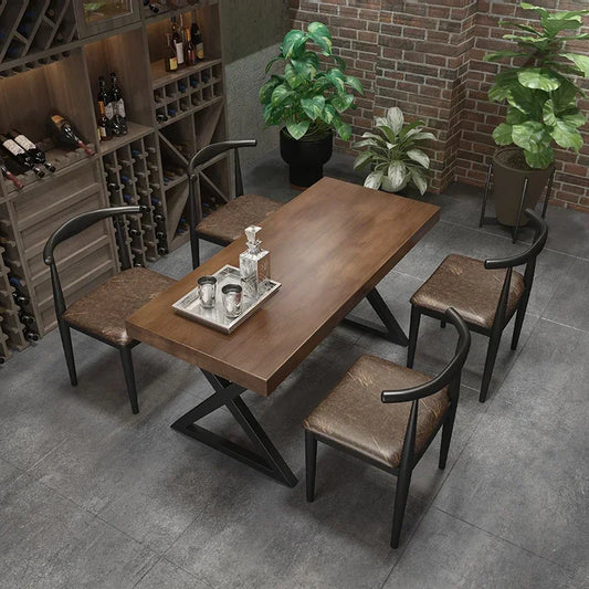 New High Quality Modern Design Industrial Metal Frame Wooden Bar Dinner Restaurant Kitchen Dining Table Set