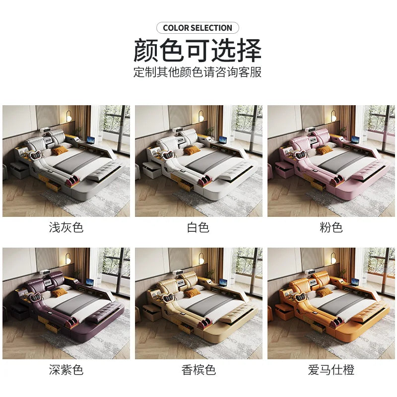 Genuine leather bed master bedroom double king bed modern minimalist wedding bed with projector multifunctional bed