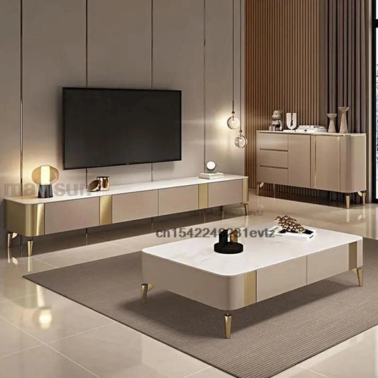 Light Luxury Rock Panels Coffee Table In White Living Room Furniture Solid Wood Drawers Sideboard Coffee Tables TV Cabinet Set