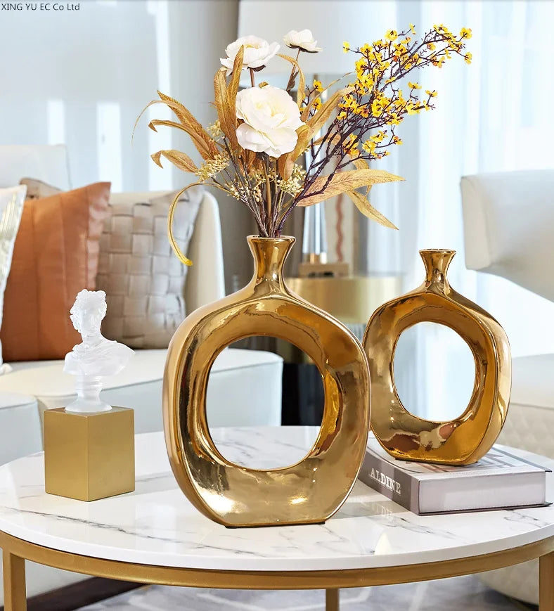 Nordic Golden Ceramic Vase Modern Home Decoration Ornaments Countertop Vase Creative Living Room Flower Arrangement Vase