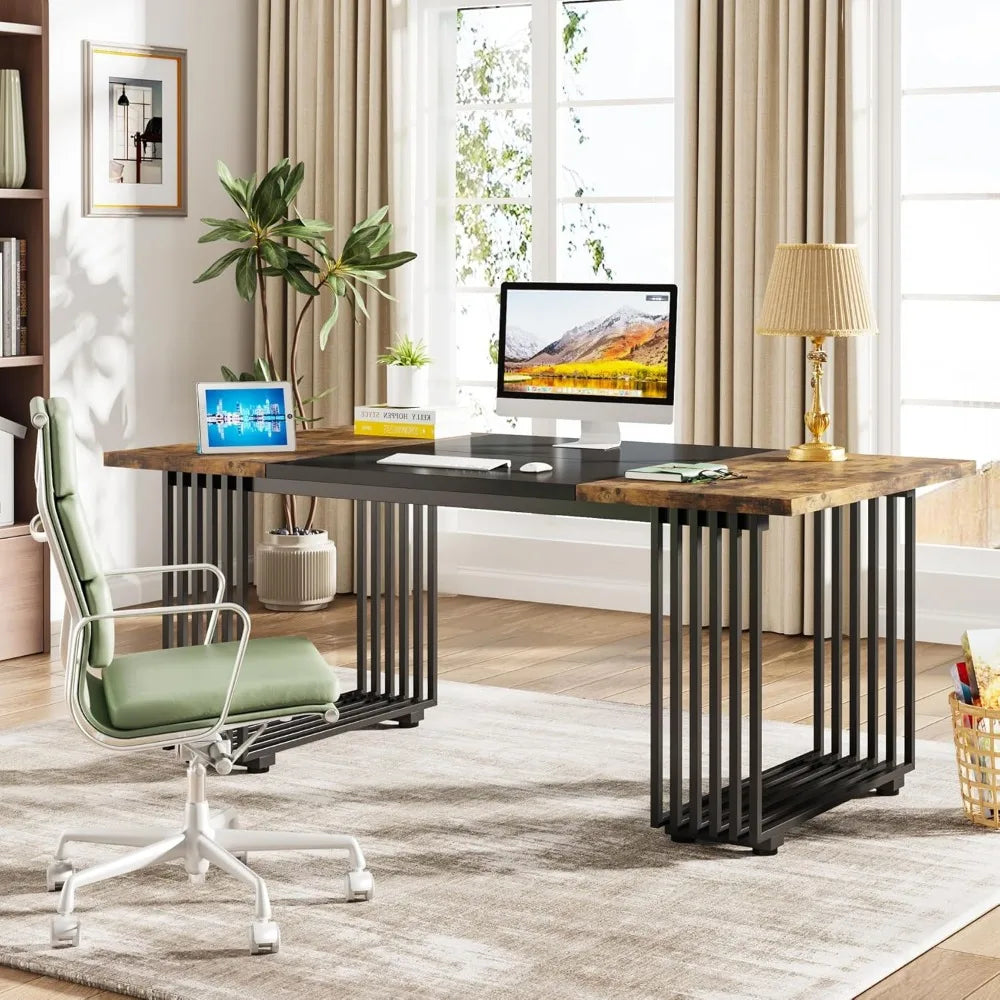 70.9" Executive Desk, Industrial Office Desk, Wood Computer Desk with Black Metal Legs, Large Workstation for Home Office