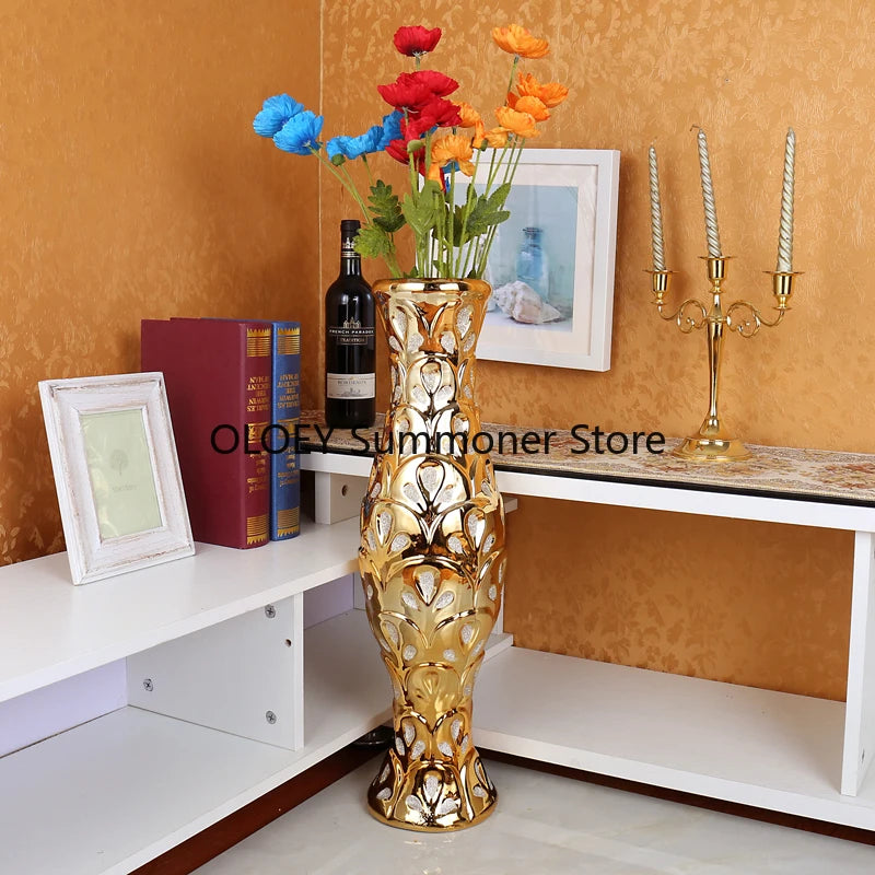 Grand Decorative 60 Cm Ceramic Floor Vase Luxury Gold Interior Creative Flower Vase Plant Pot Jarron Home Decor Aesthetic AA50VA