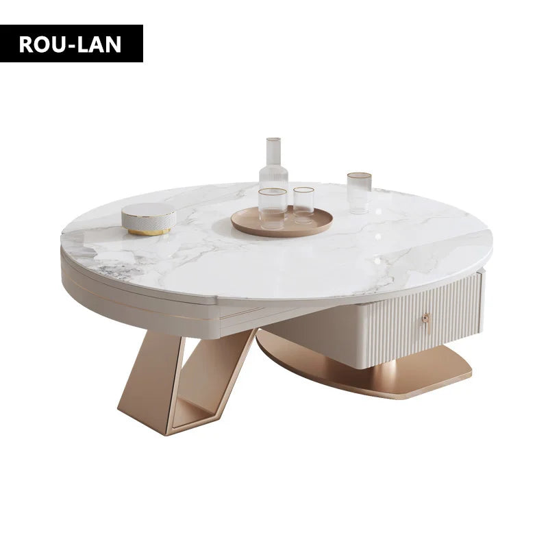 Light Luxury Rock Slate Coffee Table Modern Simple Round Telescopic Living Room Household Small Cream Wind Coffee Table