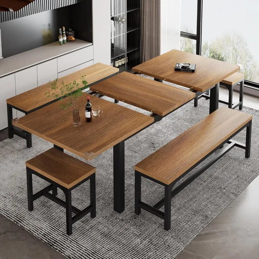 5-Piece Dining Table Set for 4-8 People, Extendable Kitchen Table Set with 2 Benches and 2 Square Stools, Mid-Century Dining