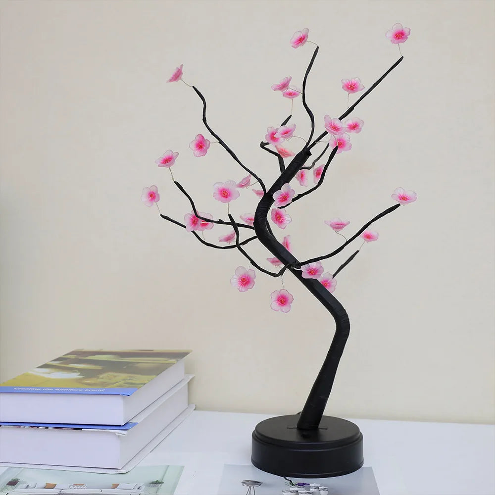 Home Decoration USB/Battery Powered Touch Switch Warm White Artificial Bonsai Cherry Blossom Desktop Tree LED Lamp Light