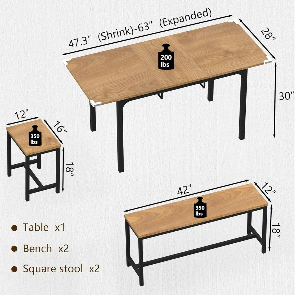 5-Piece Dining Table Set, 63 Inch Extendable Kitchen Table Set w/2 Benches & 2 Stool, Heavy-Duty Metal Frame & MDF Board, Walnut