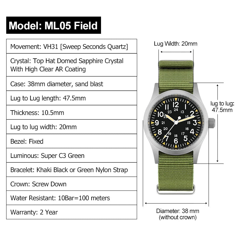 RDUNAE RA03 34.5mm Retro Military Watch 316L Stainless Steel K1 Mineral Glass Luminous Quartz Militado ML05 38mm Homage Watch