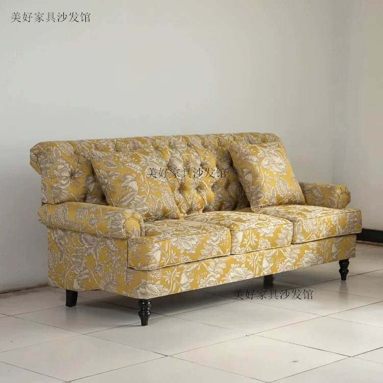 American Single Solid Wood Living Room Sofa Yellow Pastoral Color Pull Buckle Fabric Three-Seat Sofa