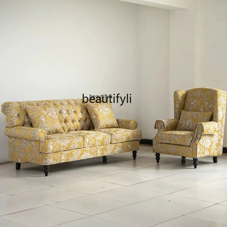 American Single Solid Wood Living Room Sofa Yellow Pastoral Color Pull Buckle Fabric Three-Seat Sofa